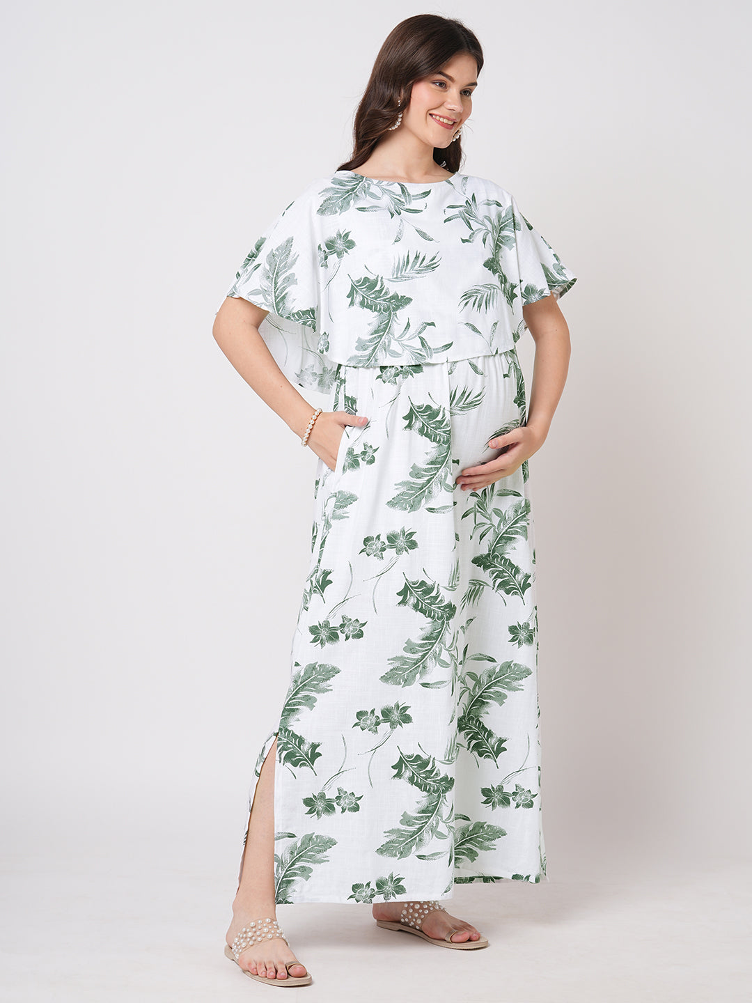 White & Olive Tropical Printed Maternity Dress