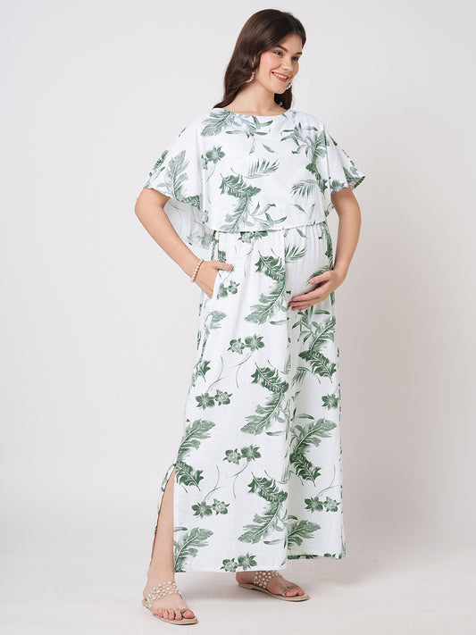 White & Olive Tropical Printed Maternity Dress