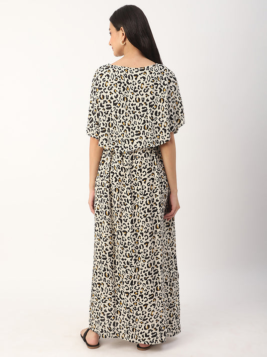 Beige Leopard Printed Comfy Maternity Dress