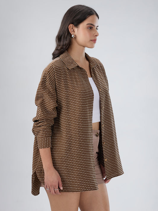 Brunette Brown & Beige Dotted Jacquard Oversized Shirt