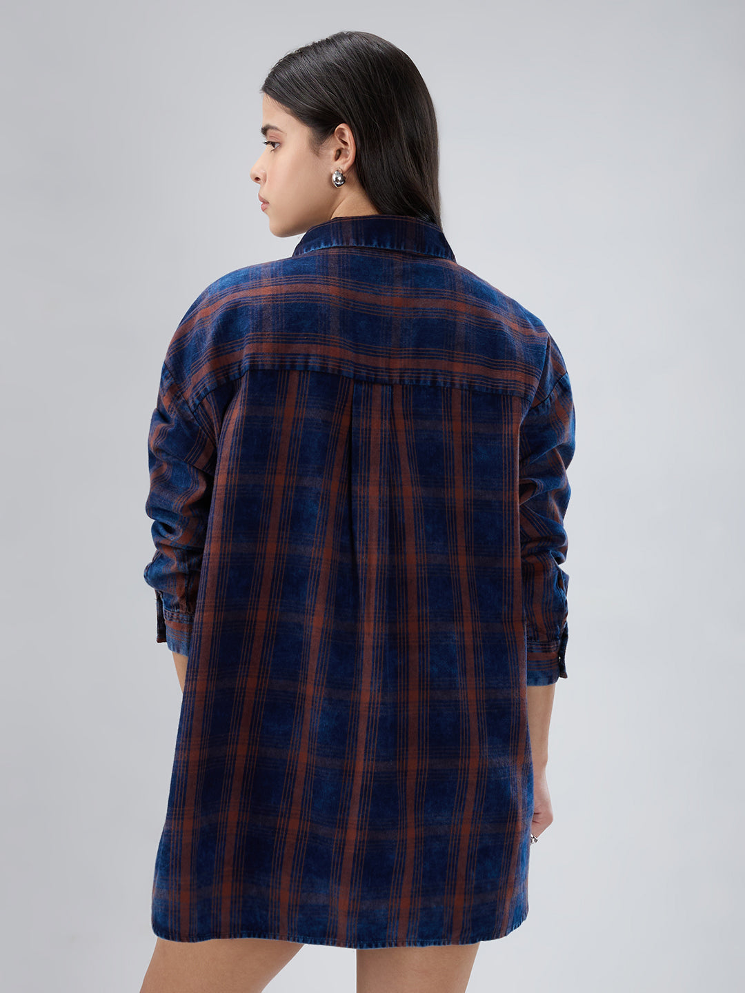 Navy & Brown Checkered Corduroy Oversized Shirt