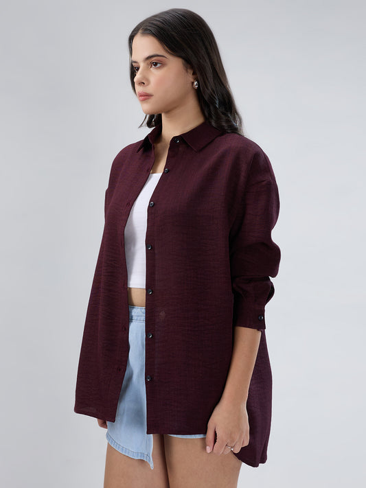 Wine Slub Textured Oversized Shirt
