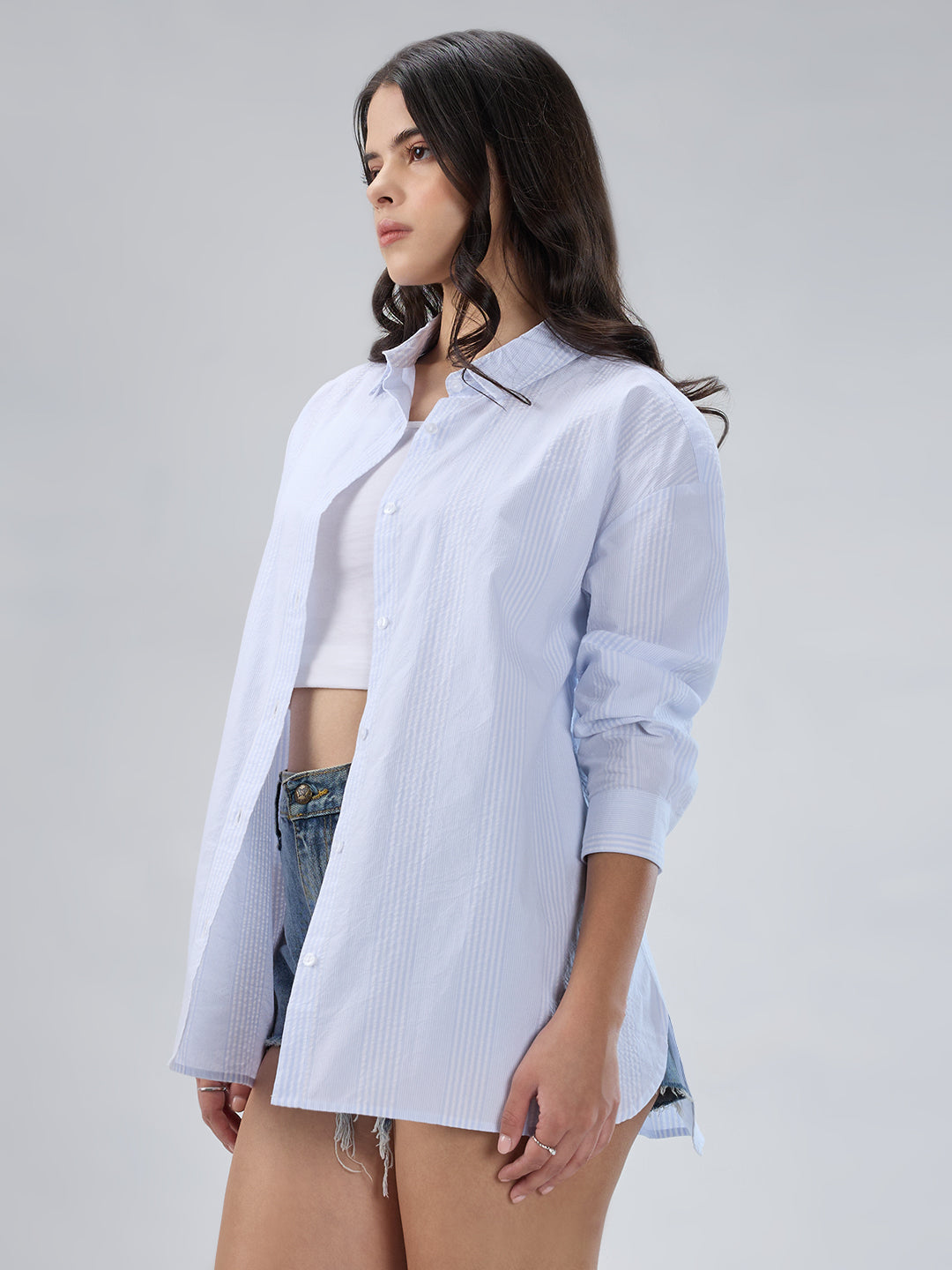 White & Blue Pin Striped Seersucker Oversized Shirt