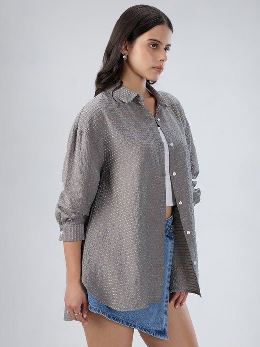 Grey & Blue Dotted Jacquard Oversized Shirt