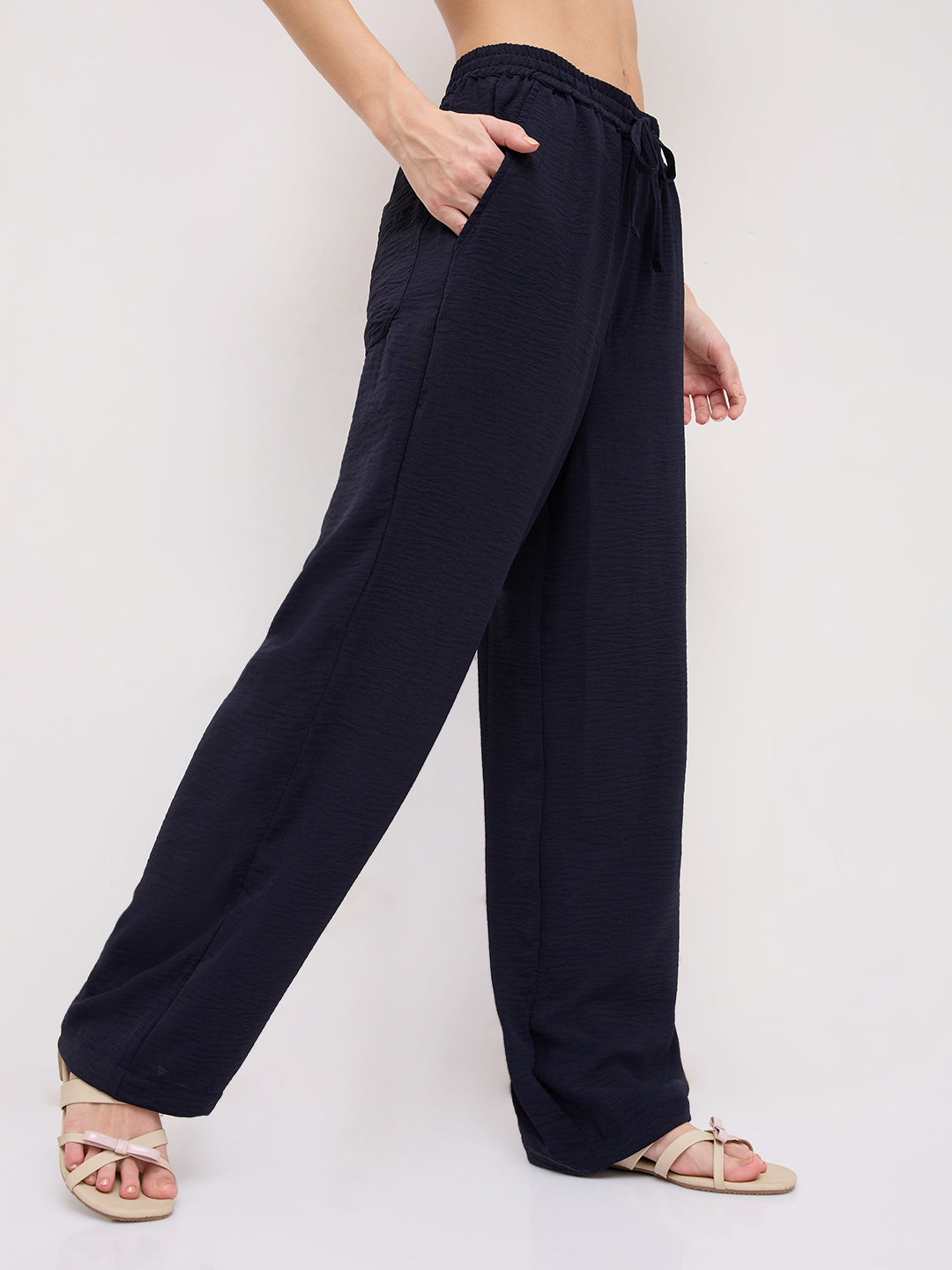 Luxe Midnight Navy Crinkled Straight Fit Trousers