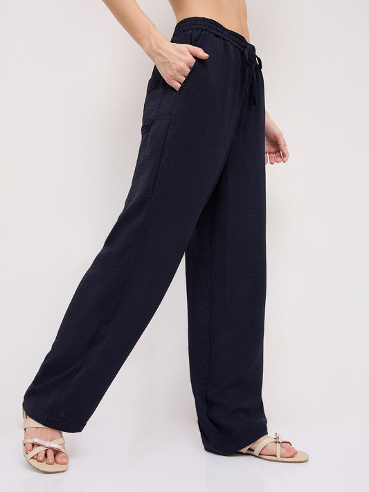 Luxe Midnight Navy Crinkled Straight Fit Trousers