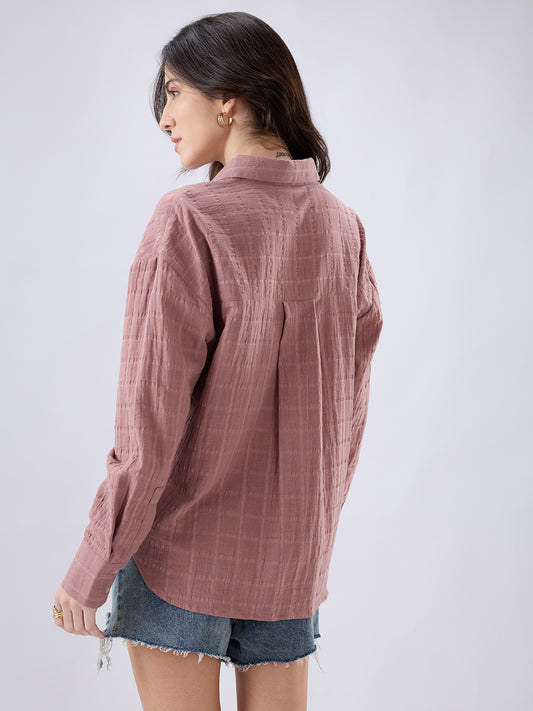 Dusty Pink Seersucker Checks DoubleCloth Oversized Shirt