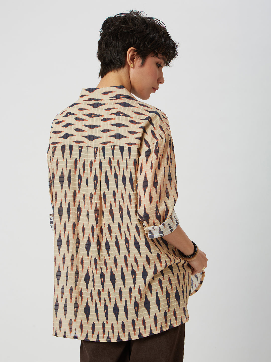 Beige & Black Abstract Printed Oversized Shirt