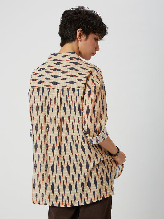 Beige & Black Abstract Printed Oversized Shirt