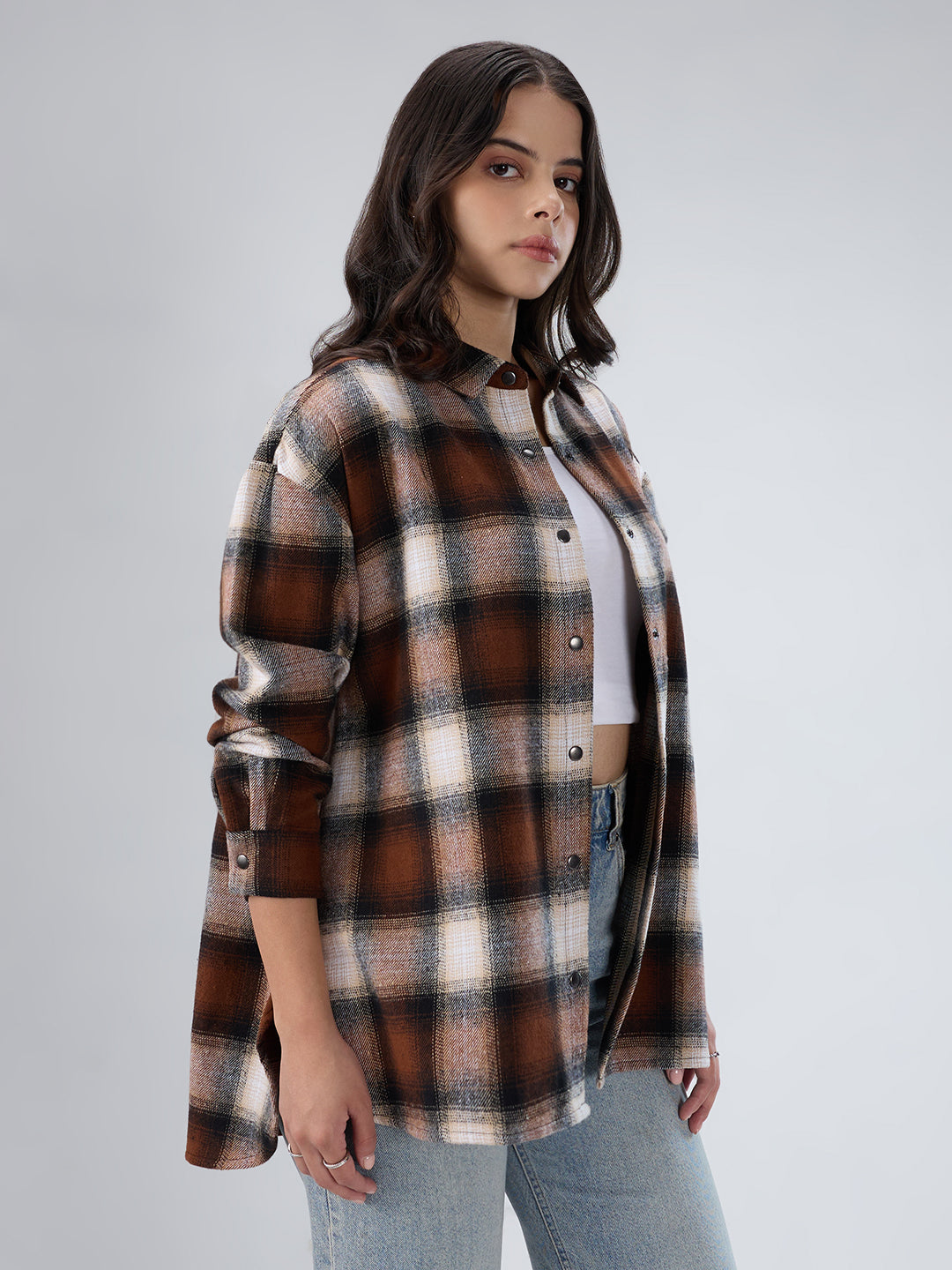 Brown & Beige Checkered Oversized Flannel Shirt