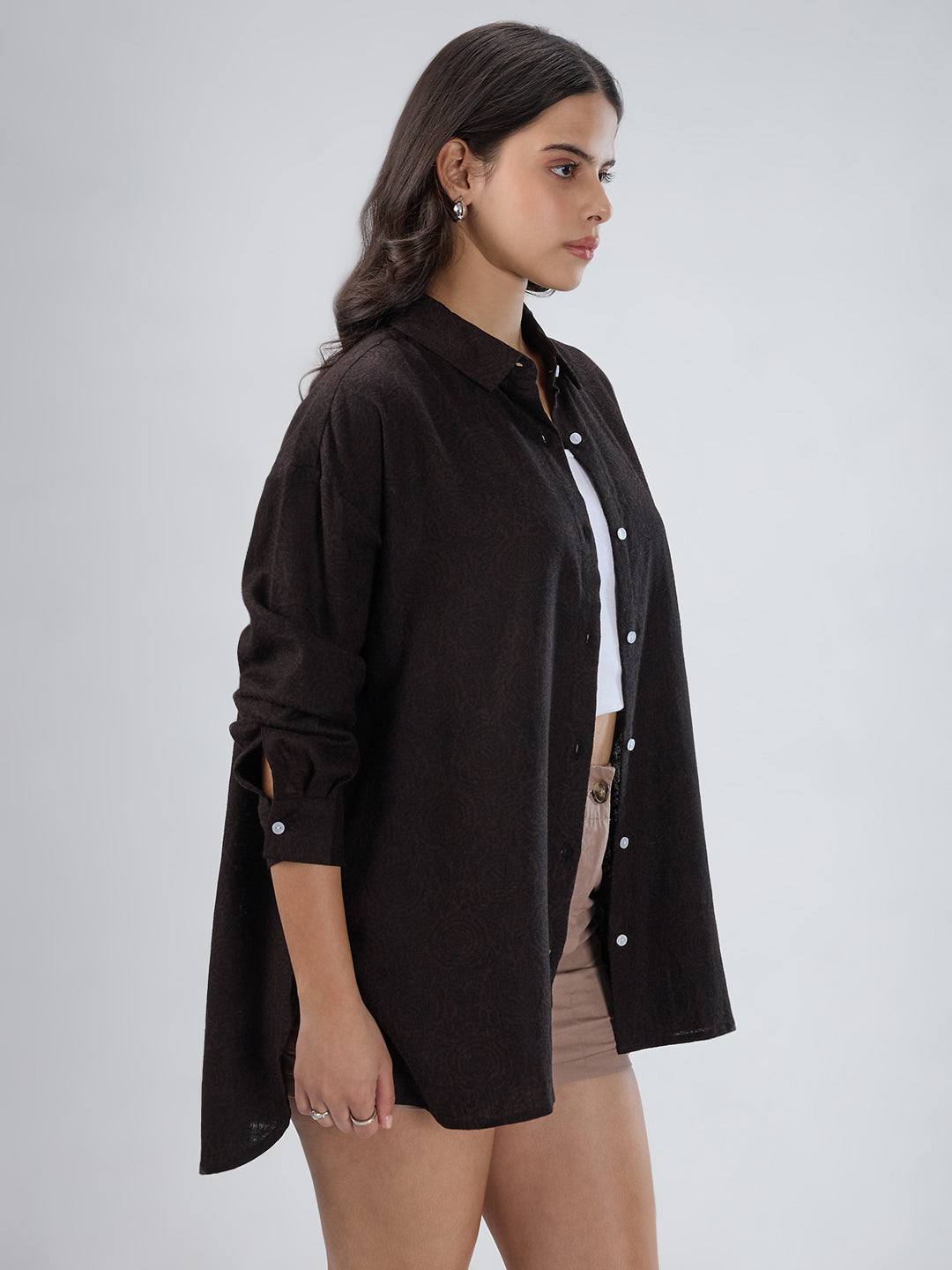 Bistre Brown Artistic Printed Oversized Shirt