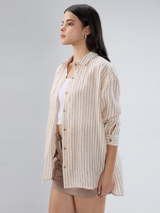 Beige & Brown Striped Burlap Shirt