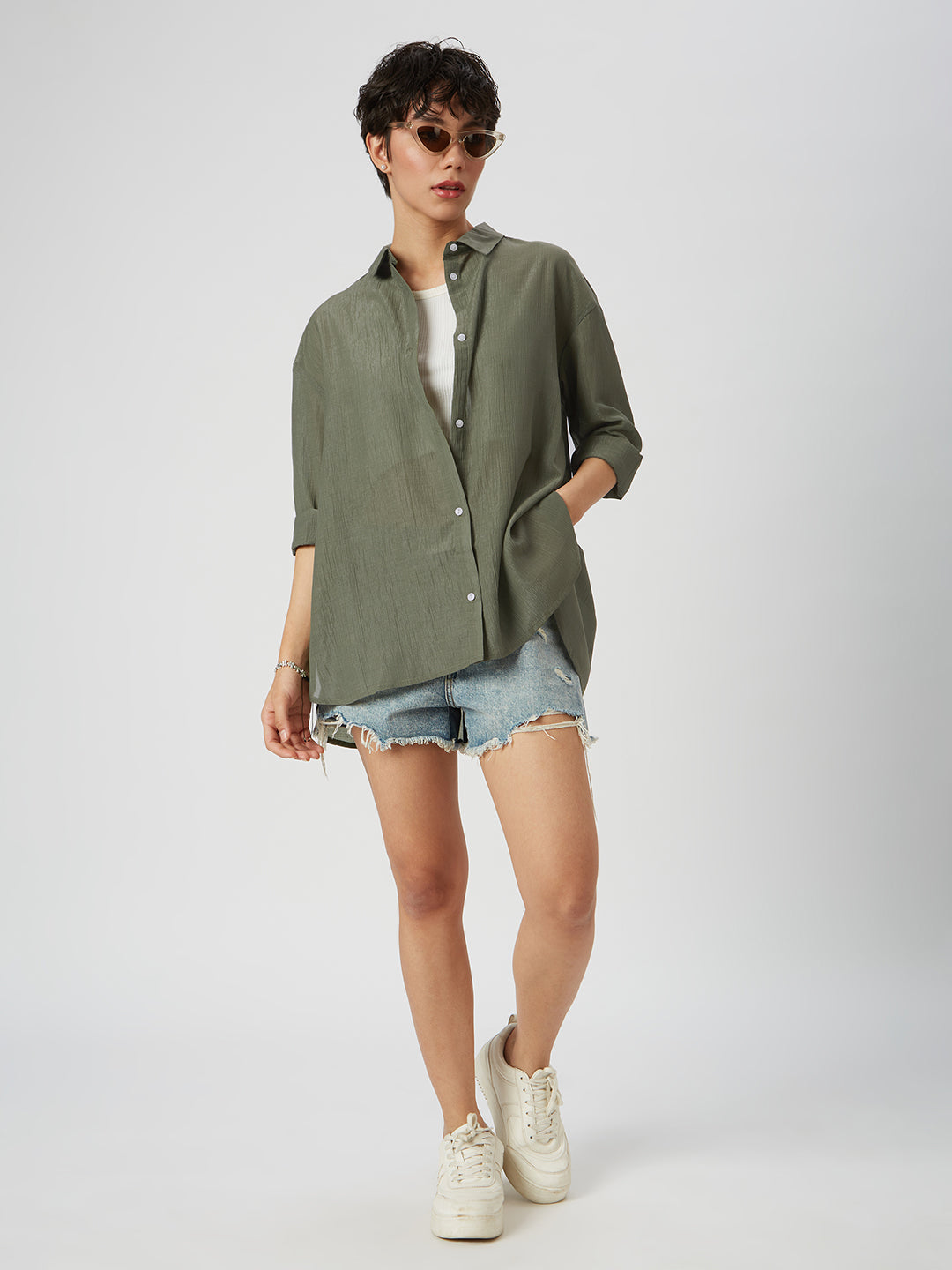 Glittery Olive Crinkled Oversized Shirt