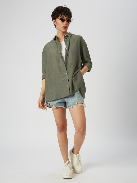 Glittery Olive Crinkled Oversized Shirt