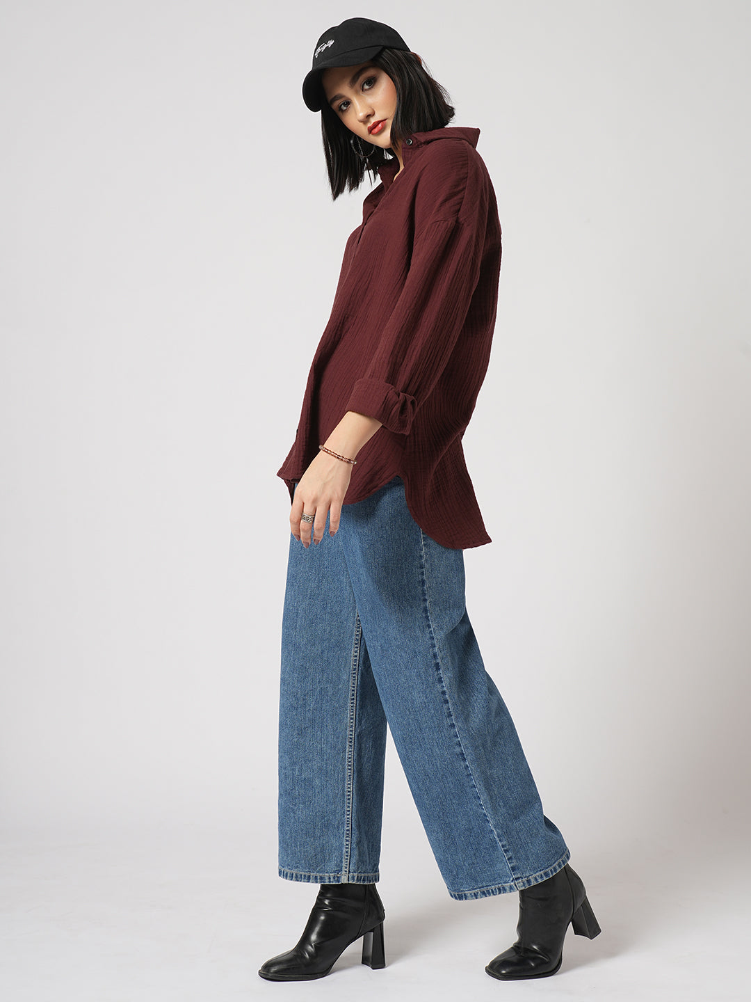 Solid Wine Double Cloth Oversized Shirt