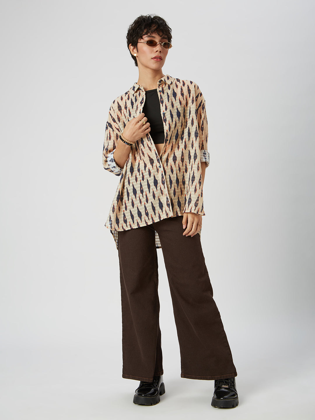 Beige & Black Abstract Printed Oversized Shirt