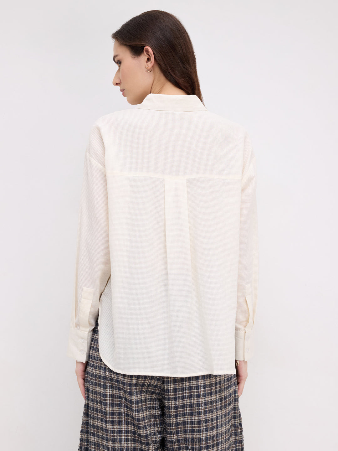 Off White Micro Checked Sheer Textured Oversized Shirt