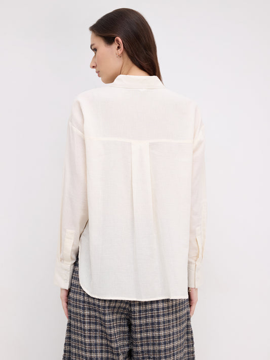Off White Micro Checked Sheer Textured Oversized Shirt