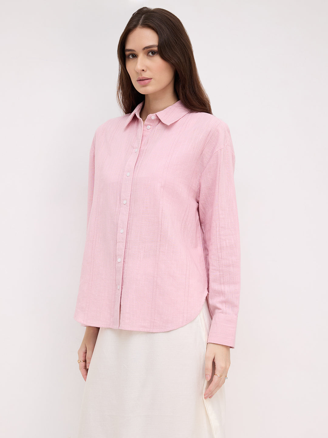Soft Pink Air Striped Textured Overszsized Shirt