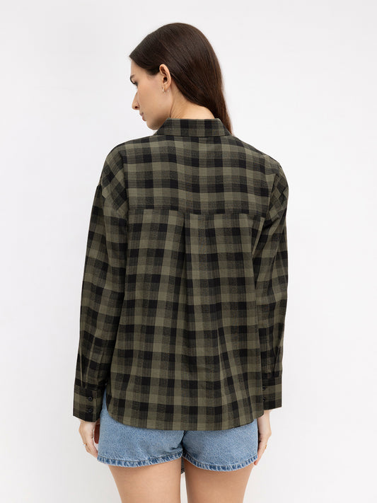 Olive & Black Tartan Checked Textured Oversized Shirt