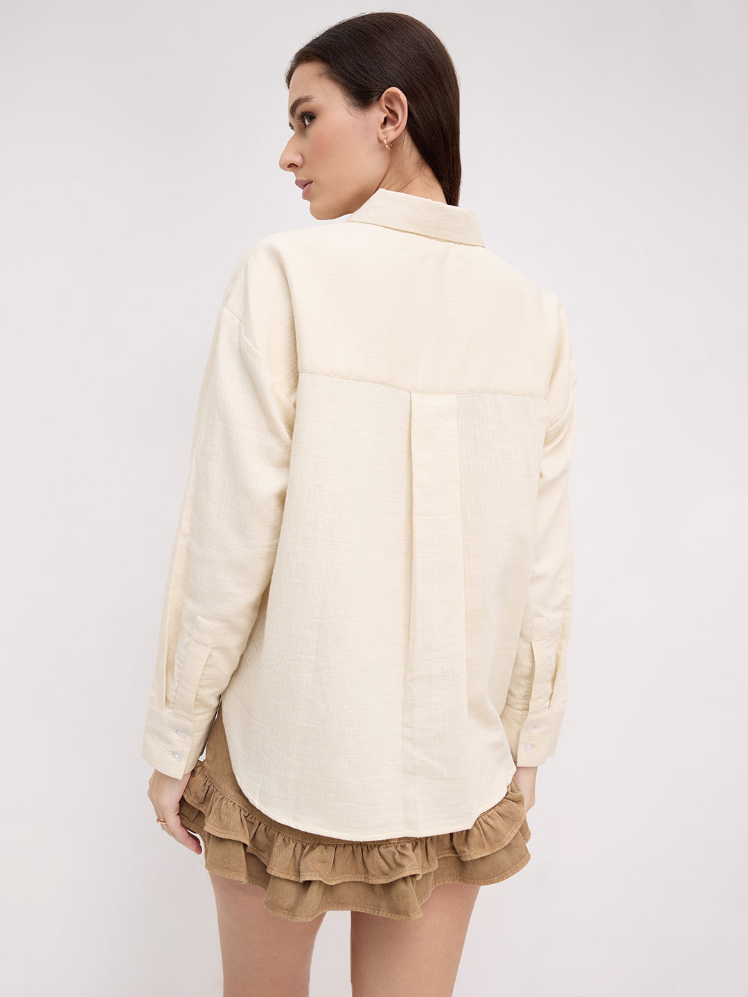 Pastel Beige Herringbone Textured Oversized Shirt