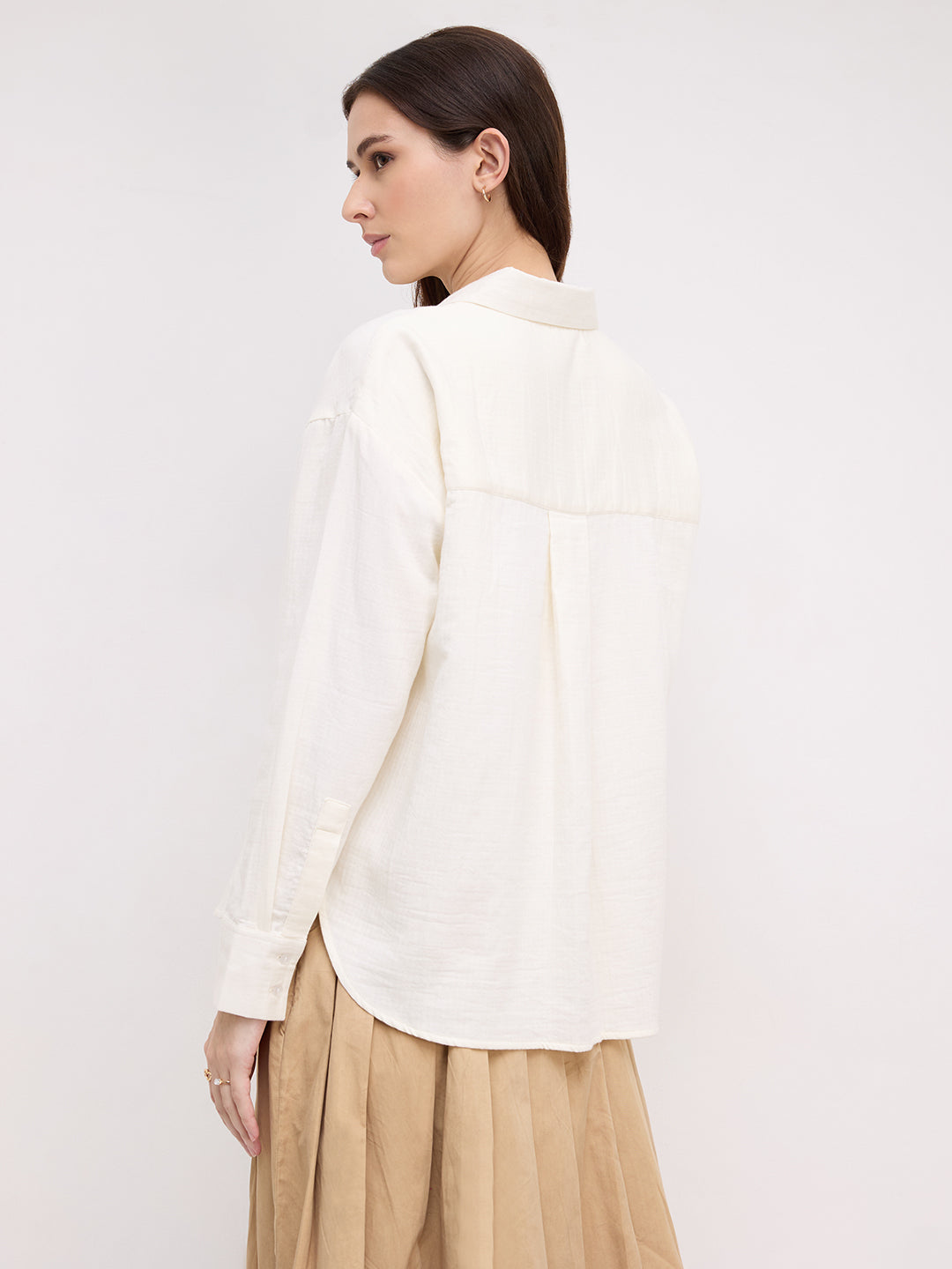 Pearl White Herringbone Textured Oversized Shirt