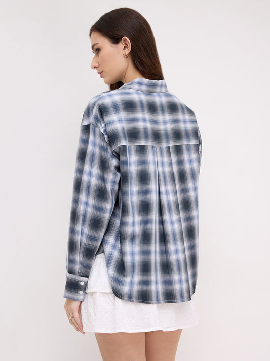Navy Horizon Checked Oversized Shirt