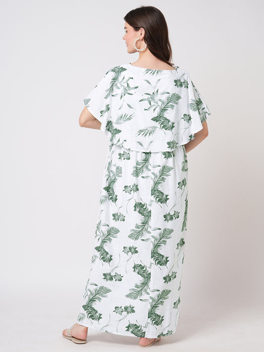 White & Olive Tropical Printed Maternity Dress