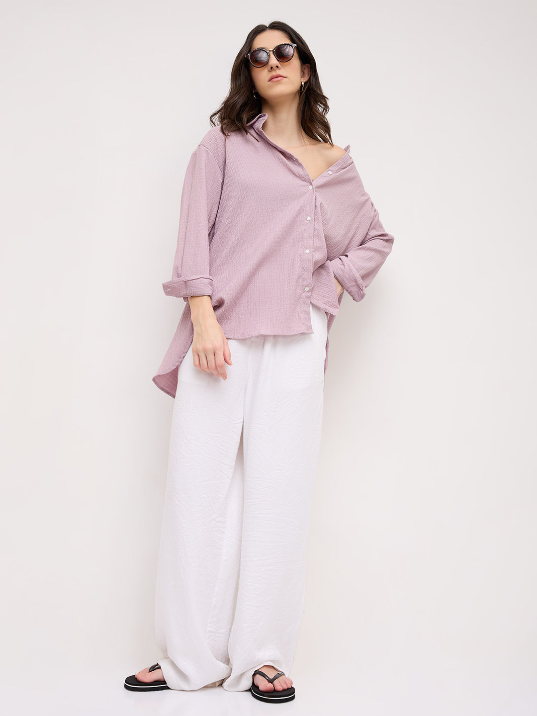 Lilac Textured Crinkled Oversized Shirt