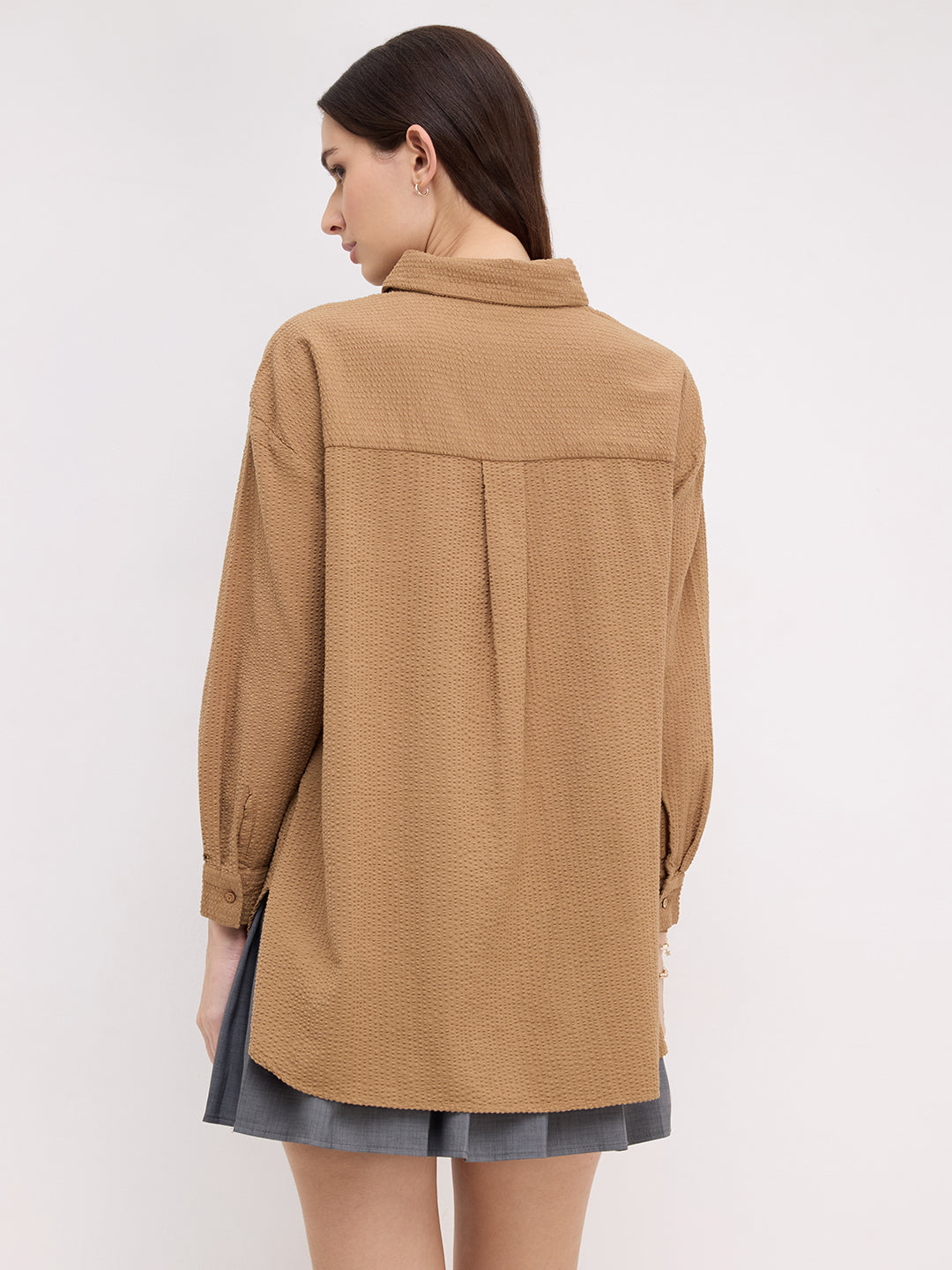 Tan Beige Seersucker Oversized Shirt