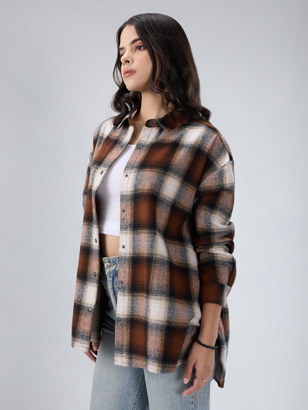 Brown & Beige Checkered Oversized Flannel Shirt
