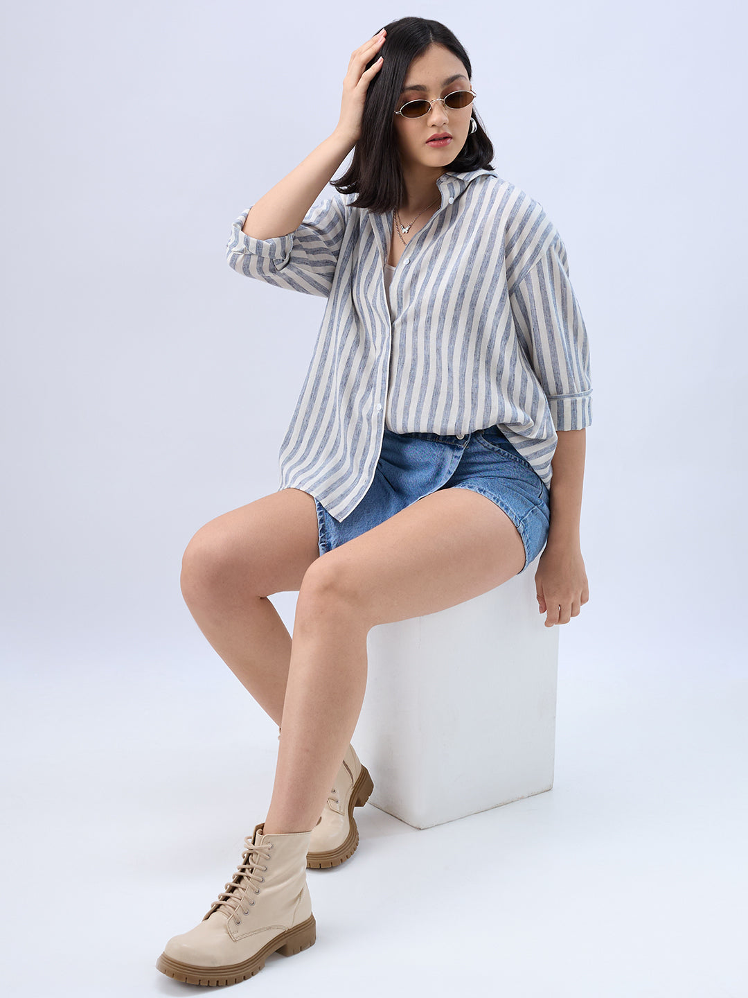 Cream and Blue Balanced Stripe Oversized Shirt
