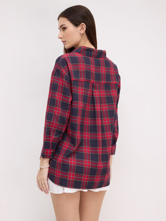Red and Black Tartanique Checked Oversized Shirt