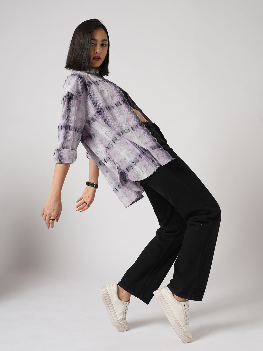 Multicolor Self Design Frayed Oversized Shirt