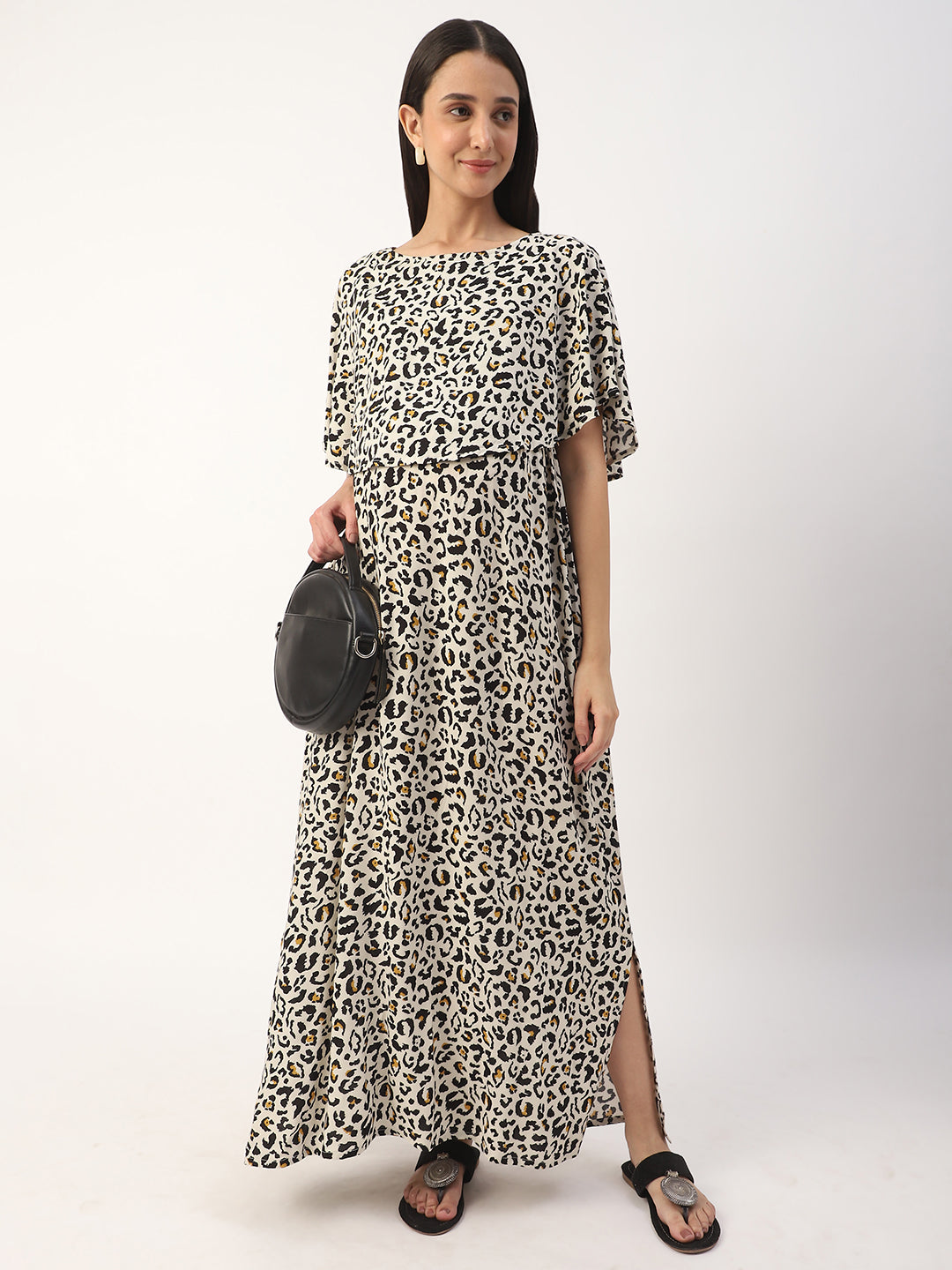 Beige Leopard Printed Comfy Maternity Dress