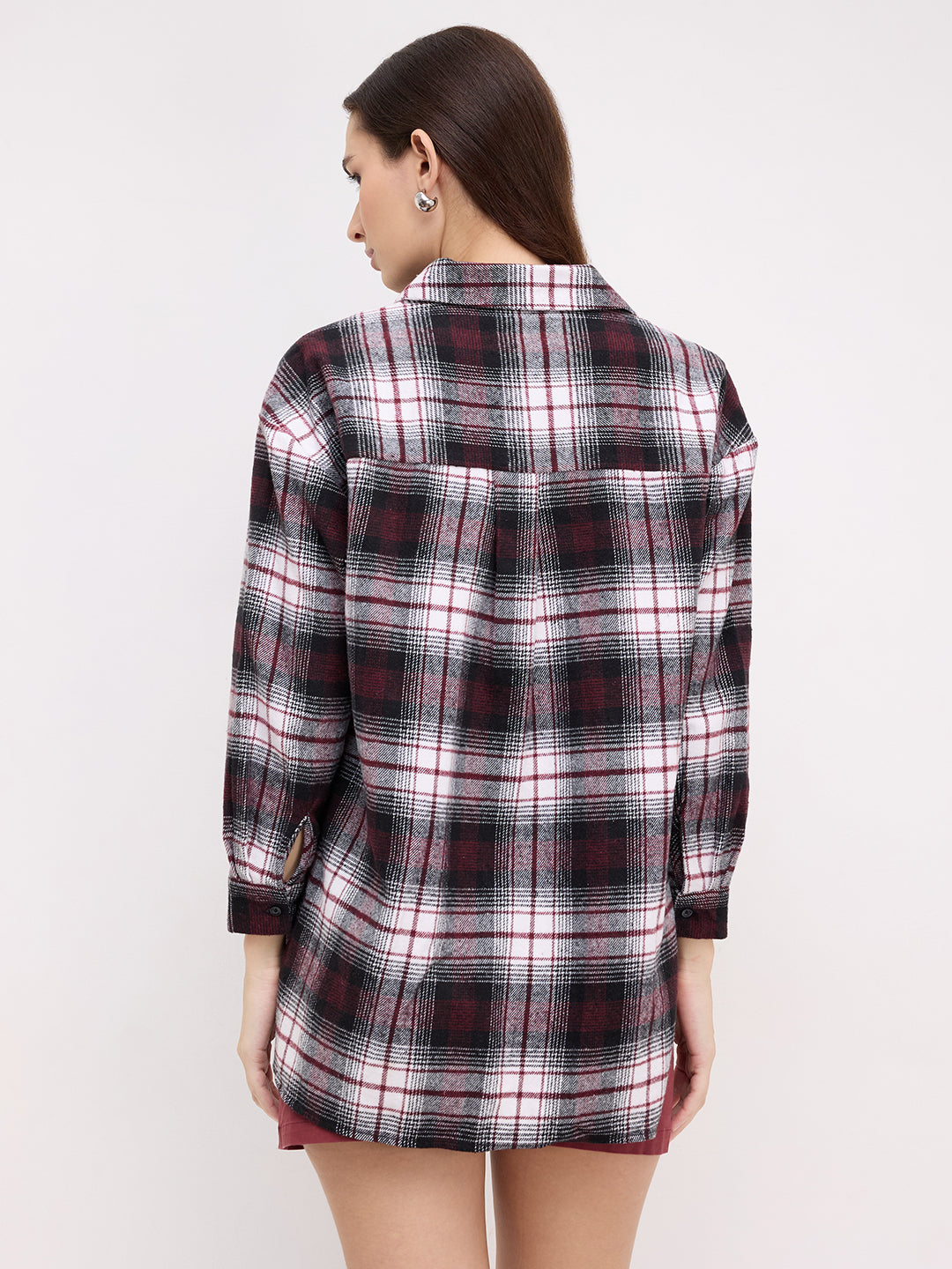 Maroon & White Checked Oversized Flannel Shirt