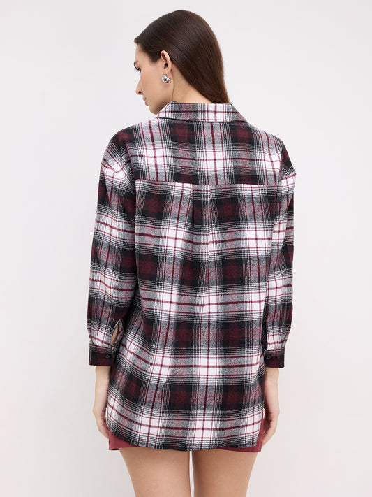 Maroon & White Checked Oversized Flannel Shirt