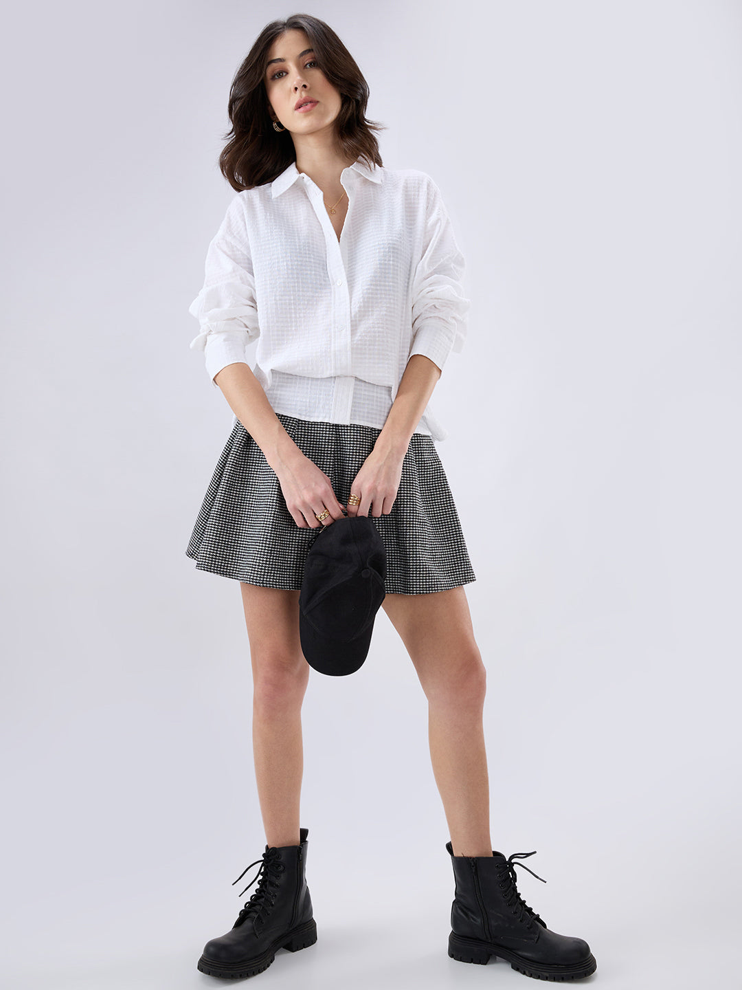 White Seersucker Textured Oversized Shirt