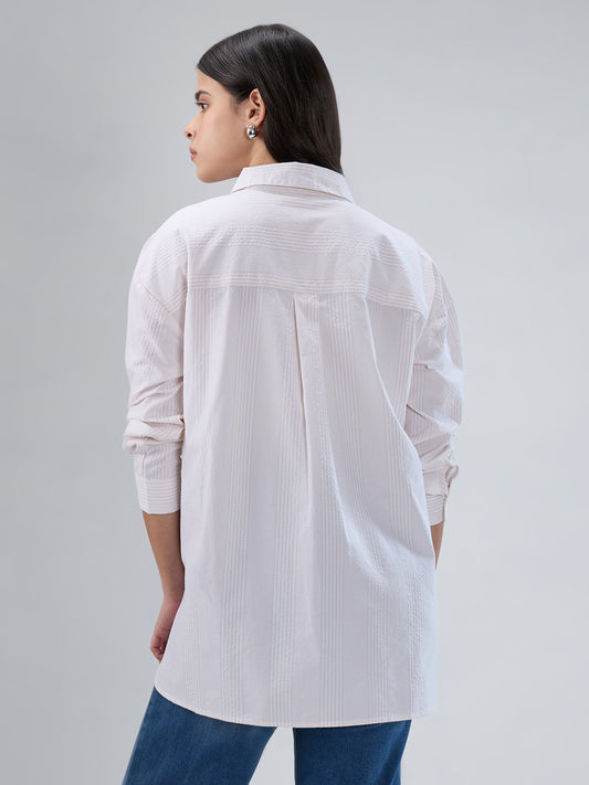 Beige & White Pin Striped Seersucker Oversized Shirt