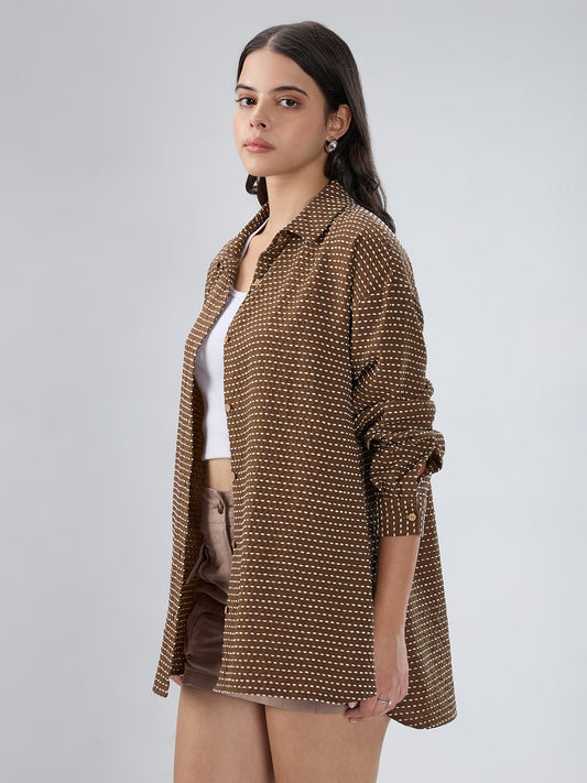 Brunette Brown & Beige Dotted Jacquard Oversized Shirt