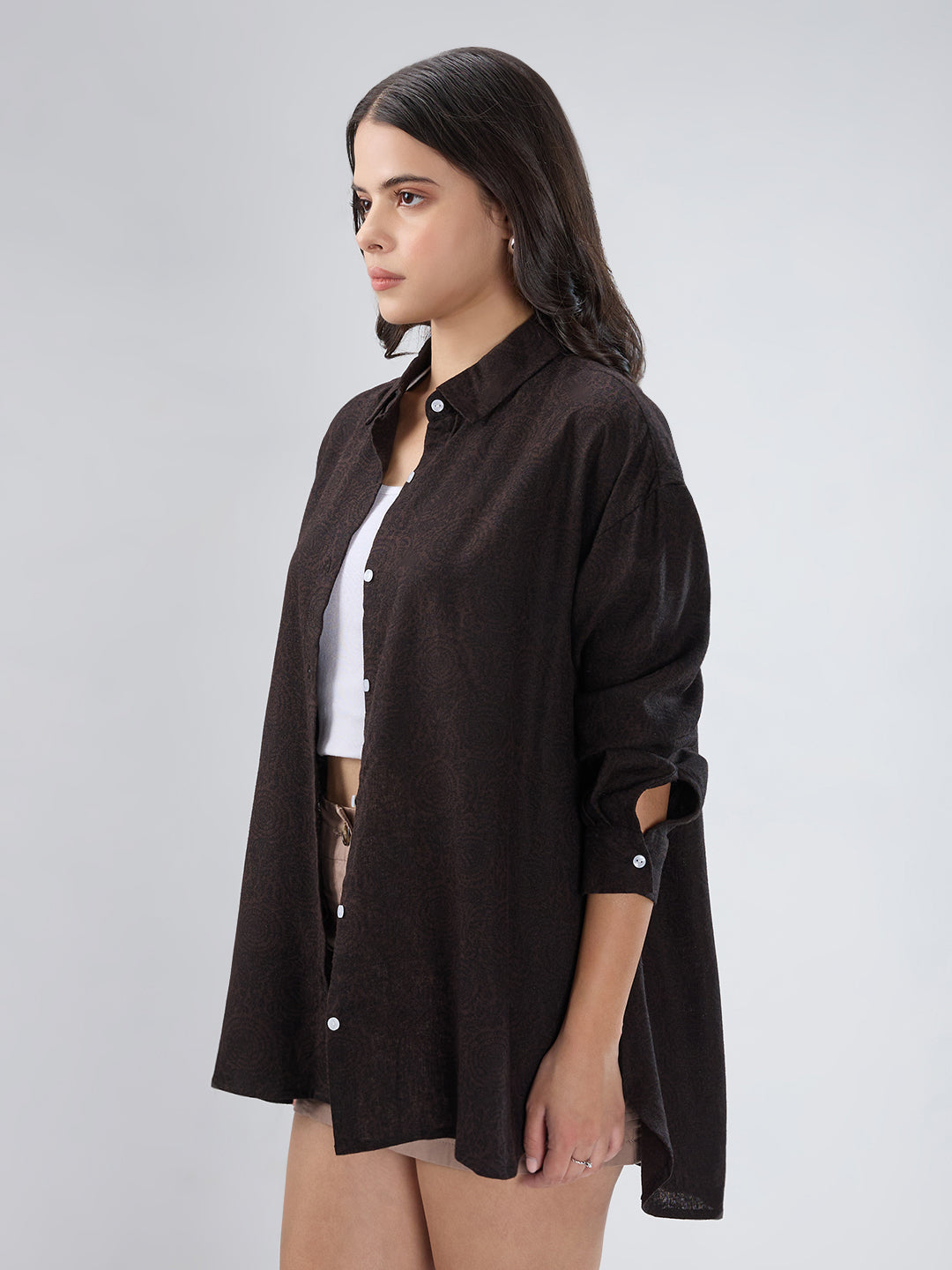 Bistre Brown Artistic Printed Oversized Shirt