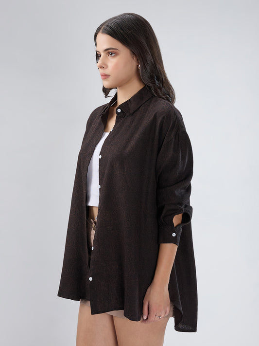 Bistre Brown Artistic Printed Oversized Shirt