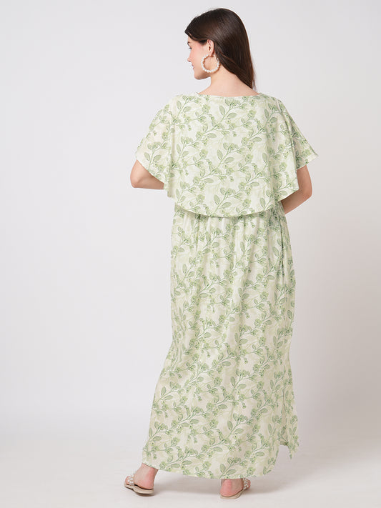 White & Green Leafy Printed Maternity Dress