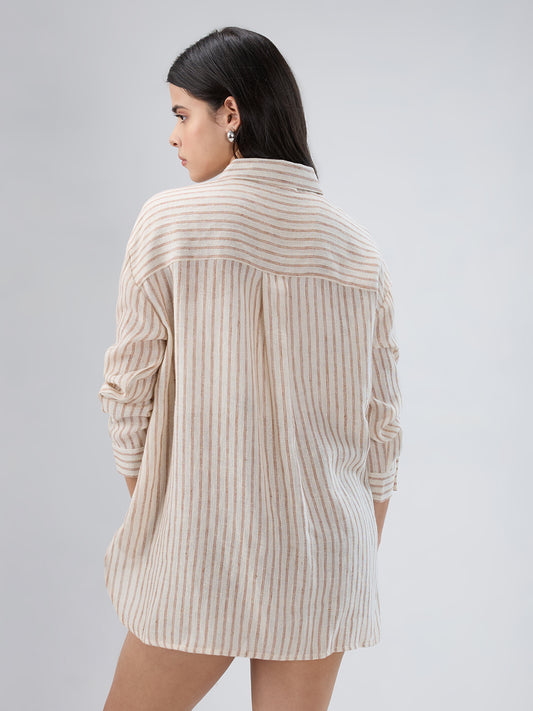 Beige & Brown Striped Burlap Shirt