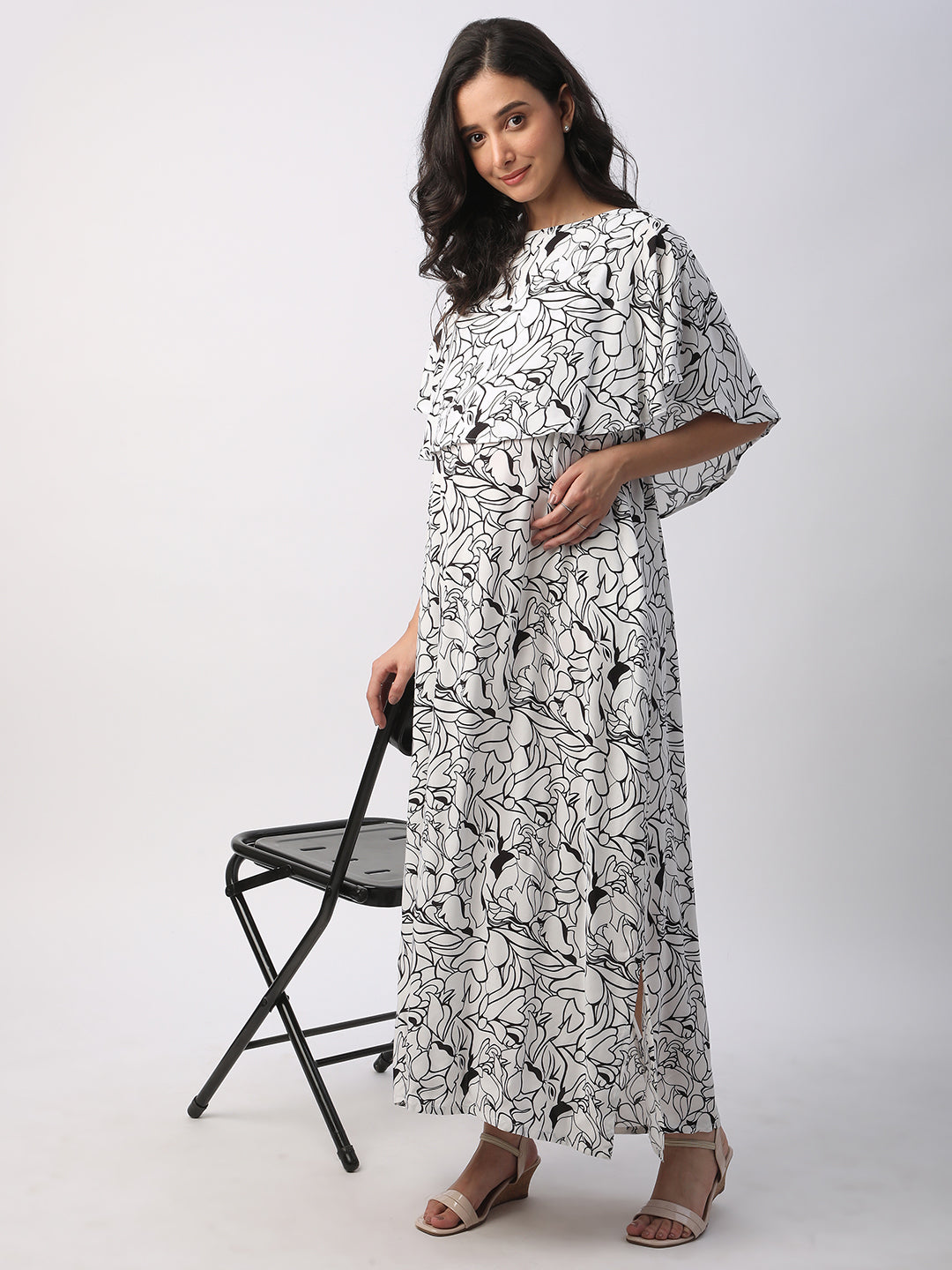 Black & White Tropical Printed Maternity Dress