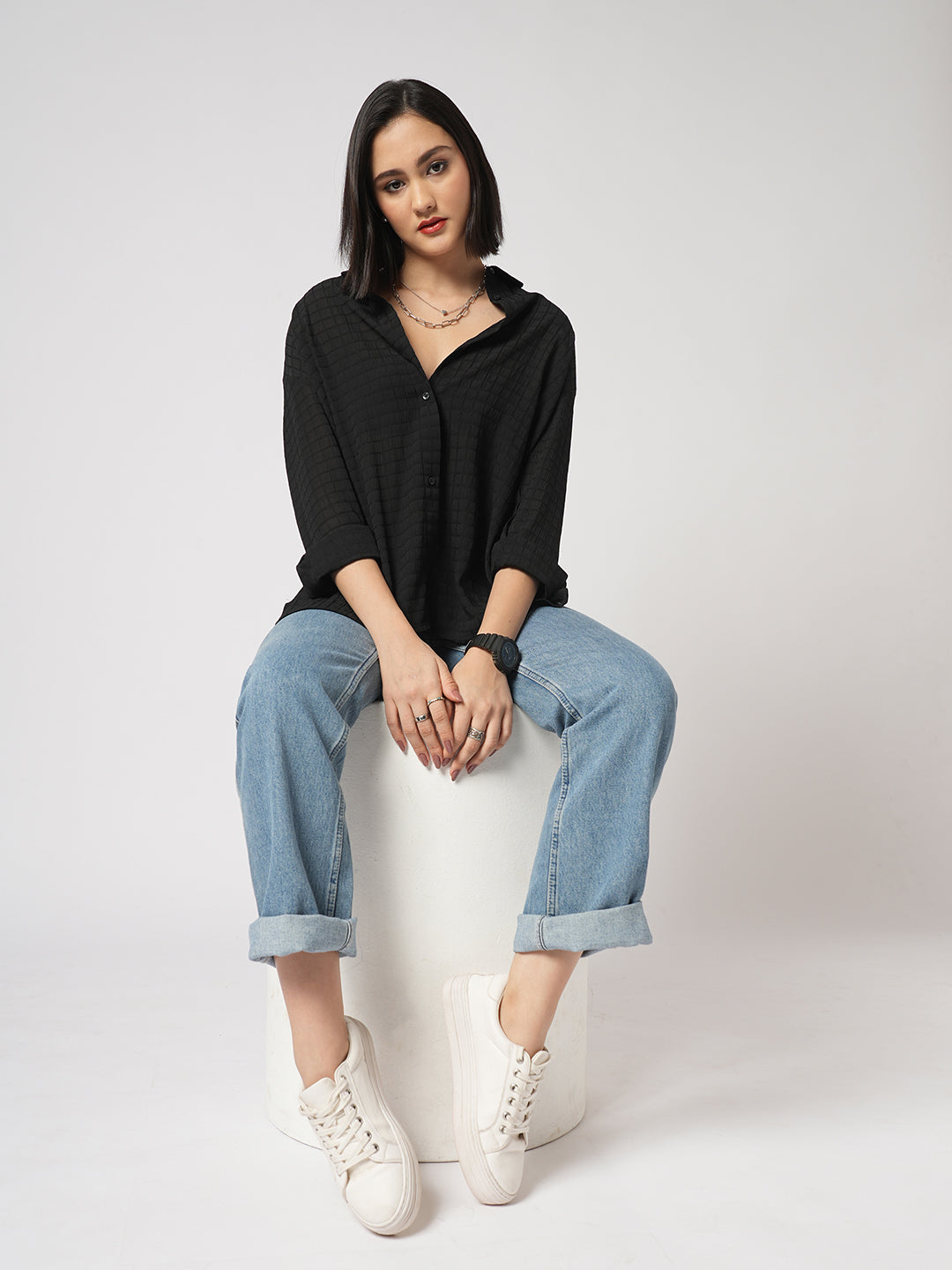 Black Matrix Checks Oversized Shirt