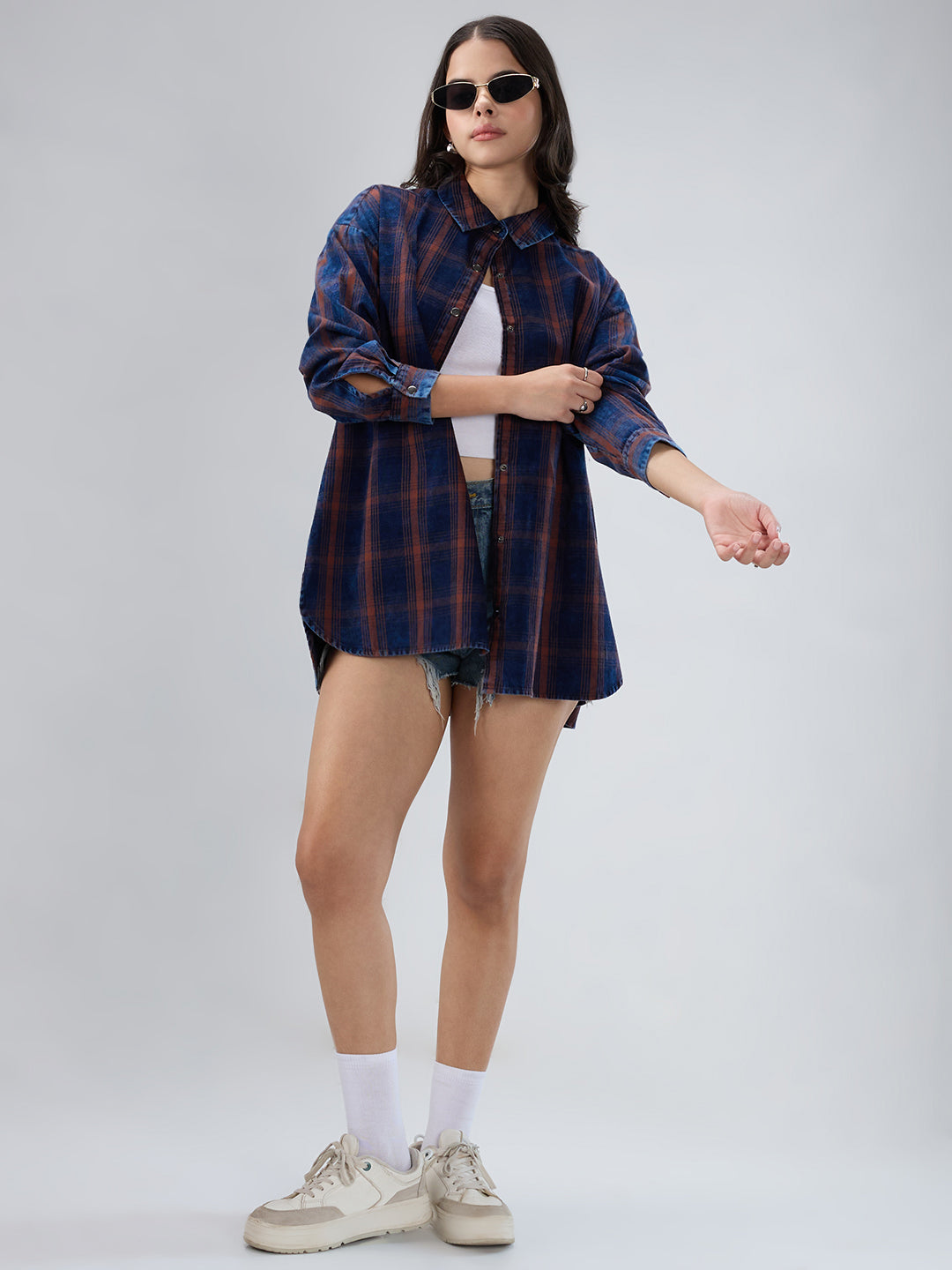 Navy & Brown Checkered Corduroy Oversized Shirt