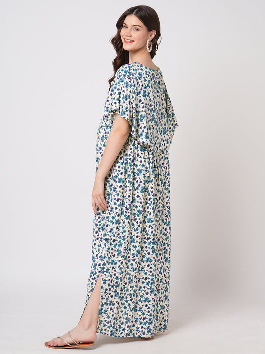 Ivory Vivid Blue Cosmos Floral Printed Maternity Dress