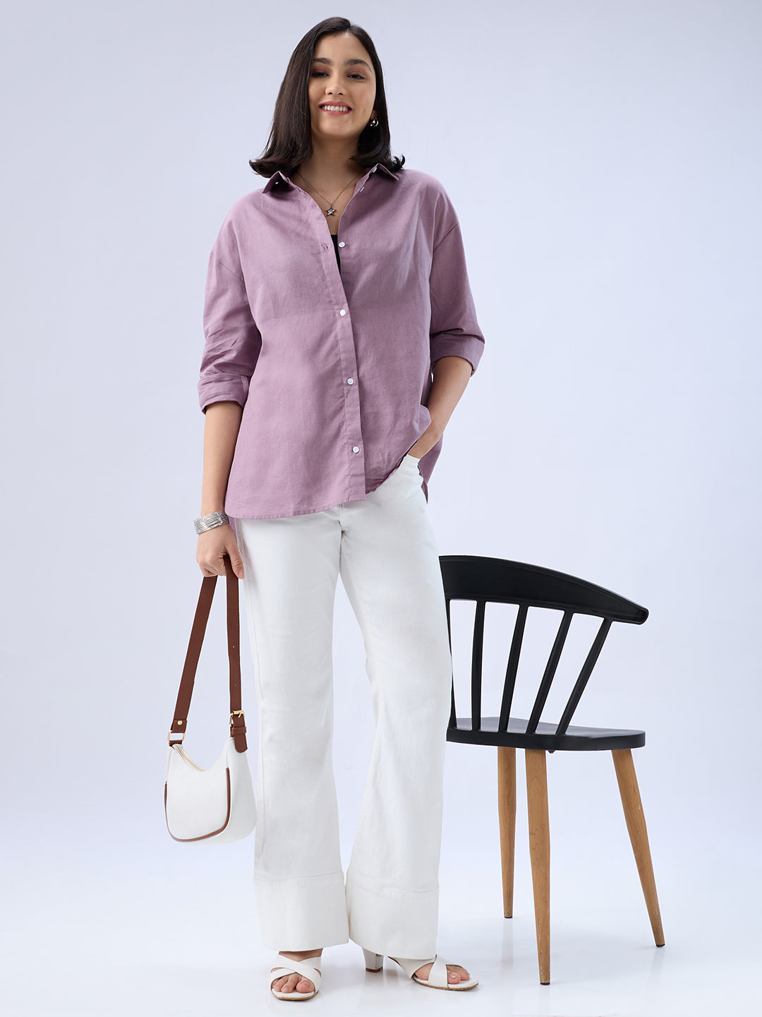 Heather Purple Solid Linen Oversized Shirt