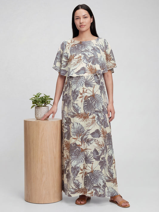 Beige Palm Leaf Tropical Printed Maternity Dress